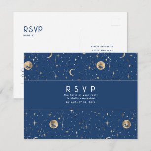 スターリーナイトネイビーブルーと金ゴールドウェディングRSVP ポストカード