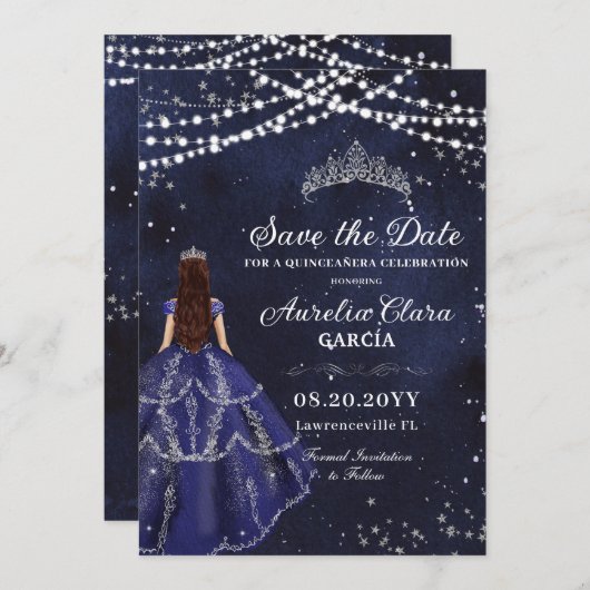 スターリーナイトネイビーブルーガウンシルバーキンセニェラ セーブザデート (正面/裏面)