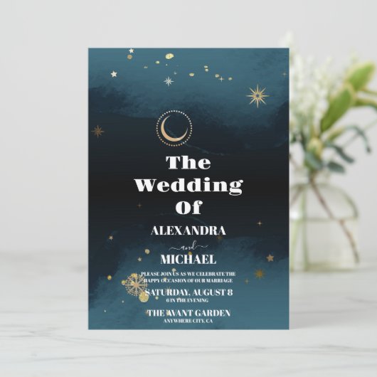 スターリーナイトネイビーブルーシルバーグリッター結婚ズ 招待状 (スタンド正面)