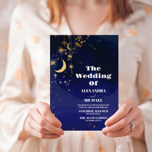 スターリーナイトネイビーブルーシルバーグリッター結婚ズ 招待状