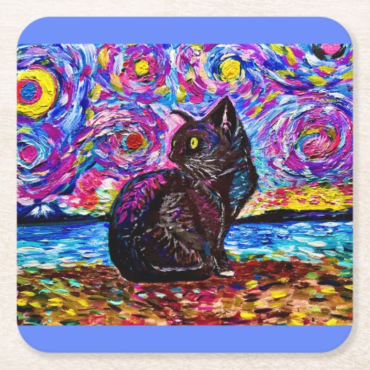 スターリーナイトブラック子猫コースター スクエアペーパーコースター (正面)