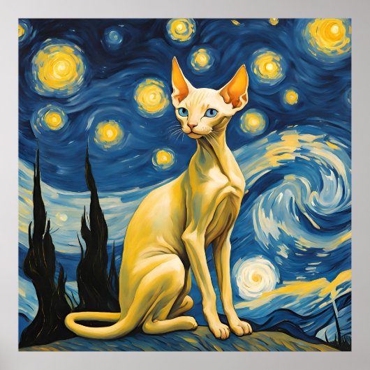 スターリーナイト小妖精や小人スフィンクス猫ヴァンゴッホアート絵画ズ ポスター (正面)