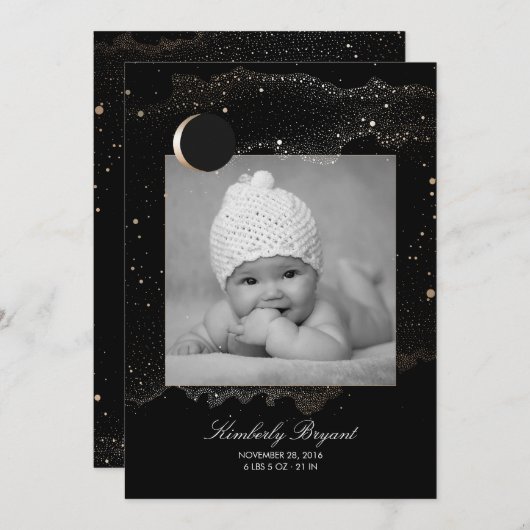 スターリーナイト金ゴールドスター生まれたばかりのベビーフォト誕生 案内状 (正面/裏面)