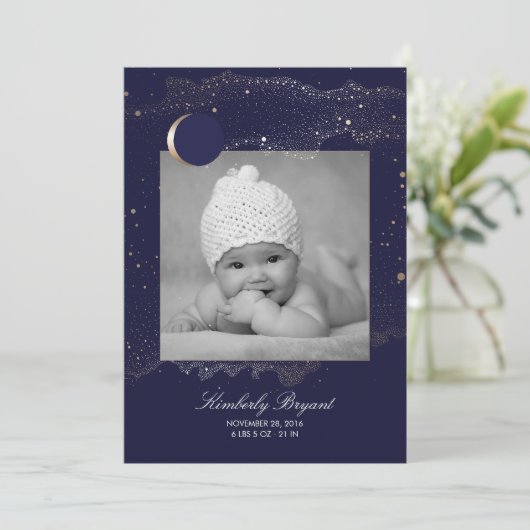スターリーナイト金ゴールドスター生まれたばかりのベビーフォト誕生 案内状 (スタンド正面)
