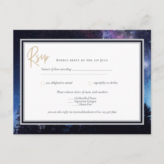 スターリーナイト銀河系ウェディングRSVPネイビー金ゴールドポストカー ポストカード (正面)