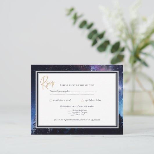 スターリーナイト銀河系ウェディングRSVPネイビー金ゴールドポストカー ポストカード (スタンド正面)