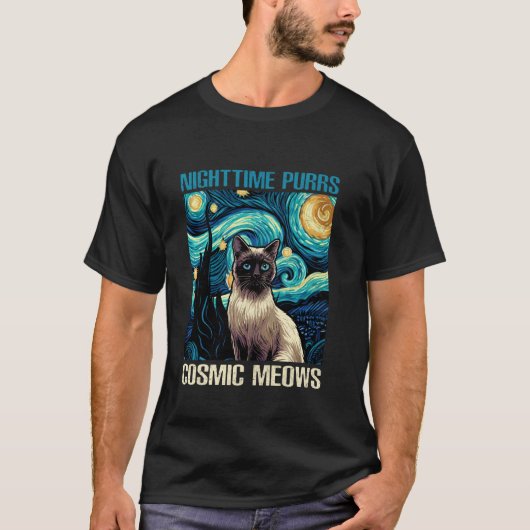 スターリーナイト風アート絵画シャム猫面白い Tシャツ (正面)
