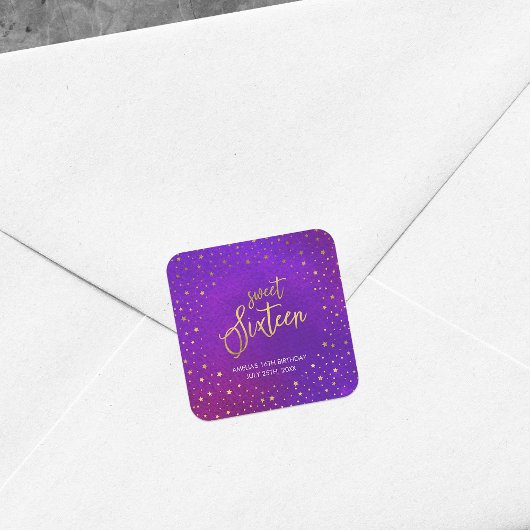 スターリーパープルウォーターカラーSweet sixteen誕生日 スクエアシール
