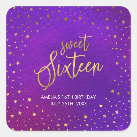 スターリーパープルウォーターカラーSweet sixteen誕生日 スクエアシール (正面)