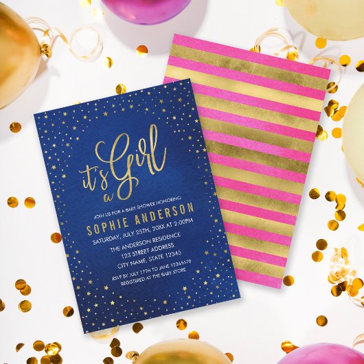 スターリーブルーとピンク女の子の赤ちゃんシャワー 招待状