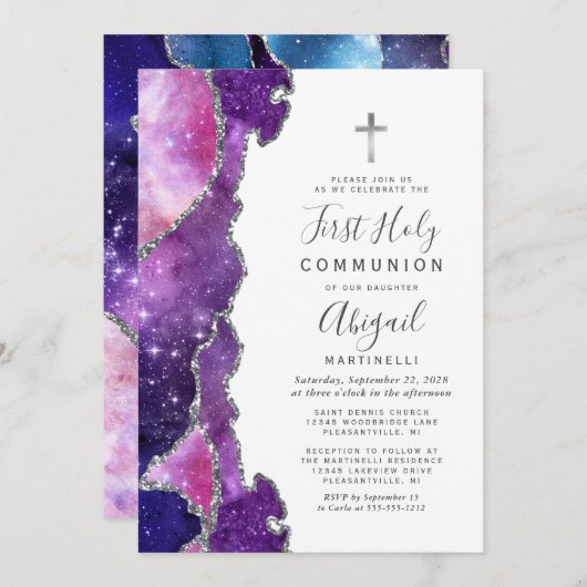 スターリーブルーピンクアゲートシルバーファースト聖餐式 招待状 (正面/裏面)