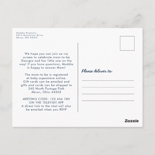 スター仮想ベビーシャワー ネイビー招待状 ポストカード (裏面)