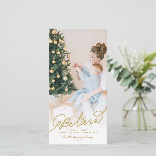 スター信じ金ゴールド書クリスマス写真 シーズンカード (スタンド正面)