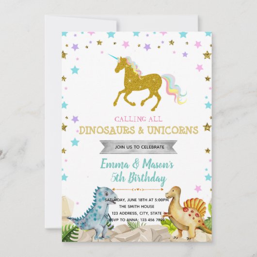 スター恐竜ユニコーンパーティーテーマ招待 招待状 (正面)