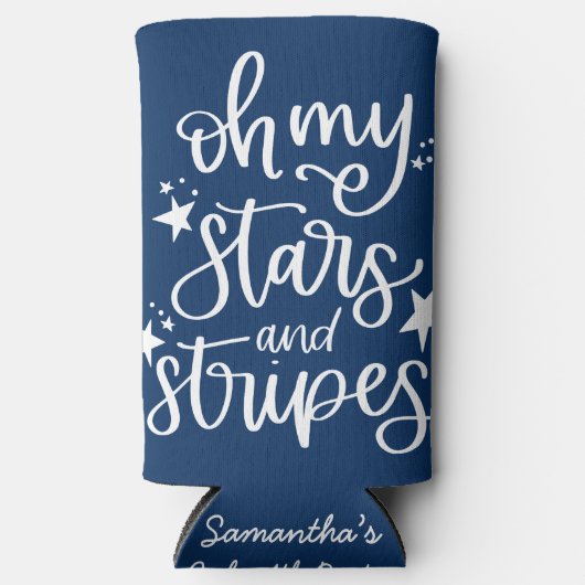 スター文字デザインズ&ストライプ7月4日パーティー スリム缶クーラー (正面)