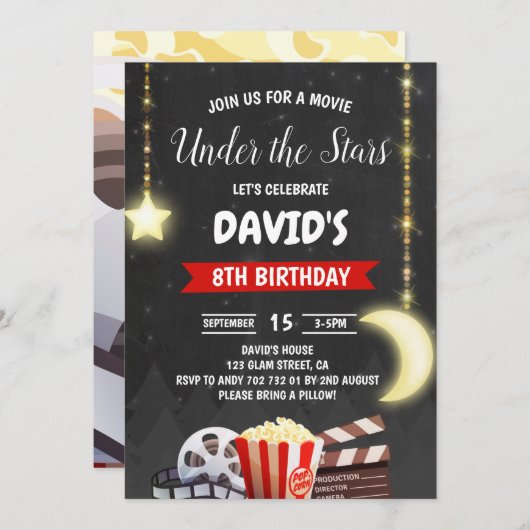 スター映画のナイトボーイ誕生日パーティーの下 招待状 (正面/裏面)