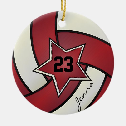 スター赤と白バレーボール セラミックオーナメント (正面)