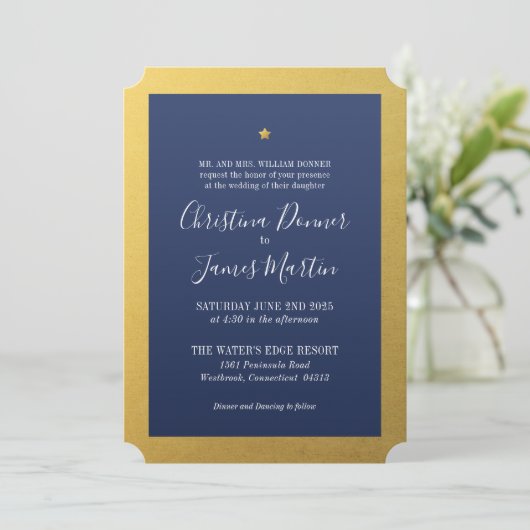 スター輝くネイビー金ゴールドチケット結婚式招待状 招待状 (スタンド正面)