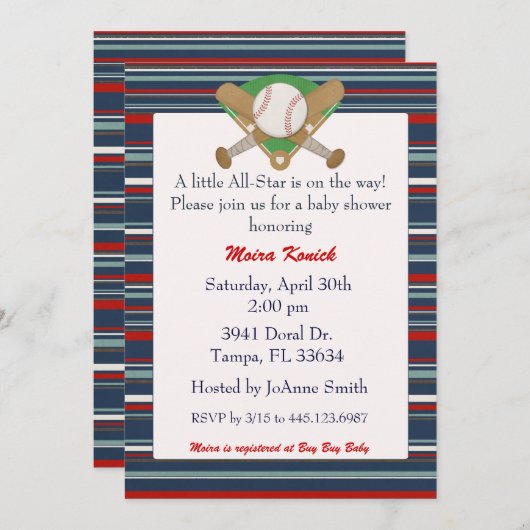 スター野球のベビーシャワーの招待状 招待状 (正面/裏面)