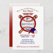 スター野球選手の誕生日 – 濃い赤と青 招待状 (正面/裏面)