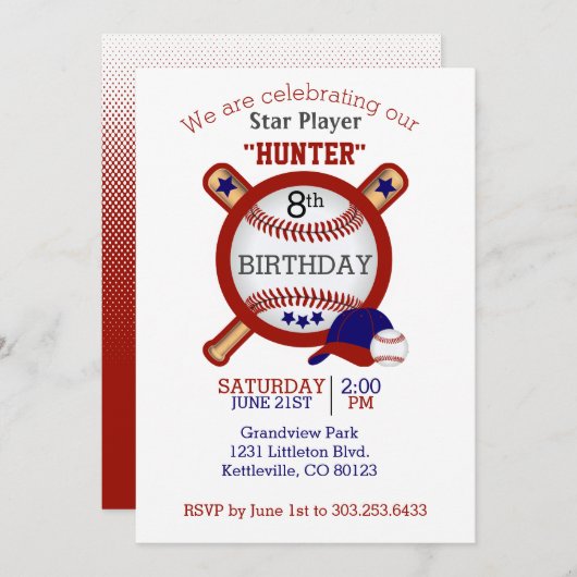 スター野球選手の誕生日 – 濃い赤と青 招待状 (正面/裏面)