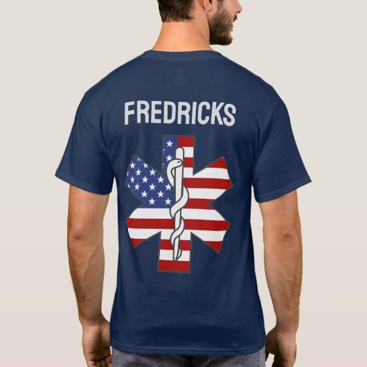 スター・オブ・ライフ愛国救急車EMT名前をカスタムする Tシャツ (裏面)