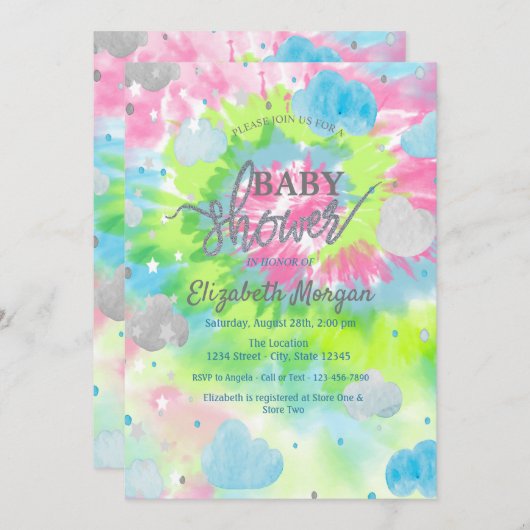 スター&クラウドカラフル絞り染めベビーシャワー 招待状 (正面/裏面)