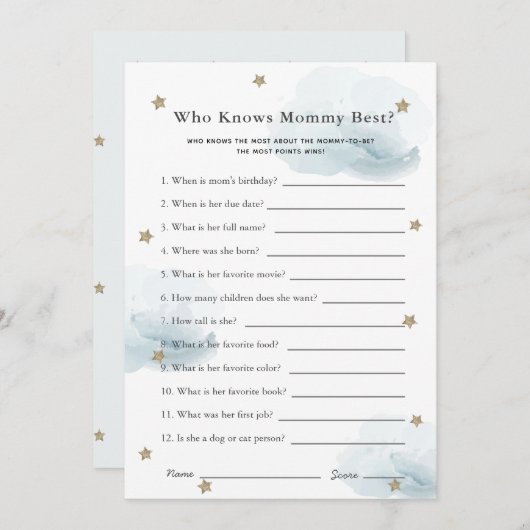 スター＆クラウド 誰がママを知っているのか シャワゲーム 青いカード 招待状 (正面/裏面)