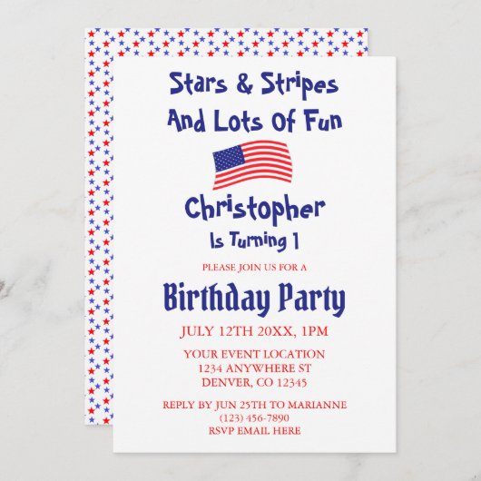 スター&ストライプズ1歳の誕生日 招待状 (正面/裏面)