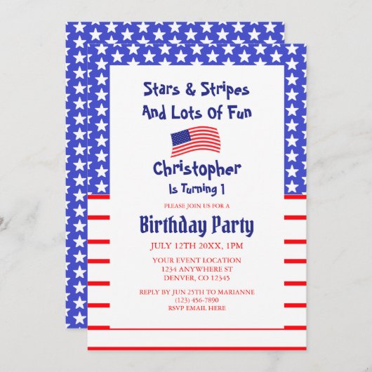 スター&ストライプズ1歳の誕生日 招待状 (正面/裏面)
