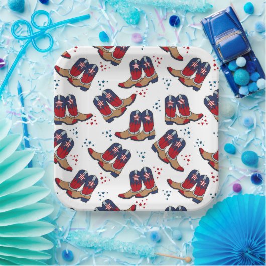 スター、ストライプブーツ&カウボーイブーツ – 愛国的パーティー ペーパープレート (パーティー)