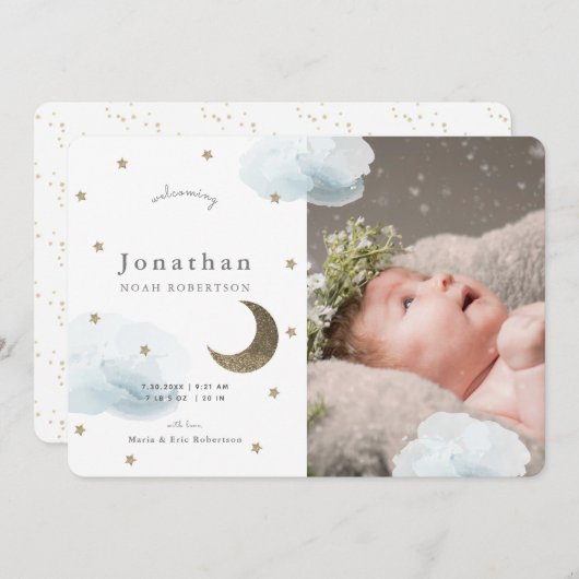 スター&ブルークラウドフォトボーイベビー発表 招待状 (正面/裏面)