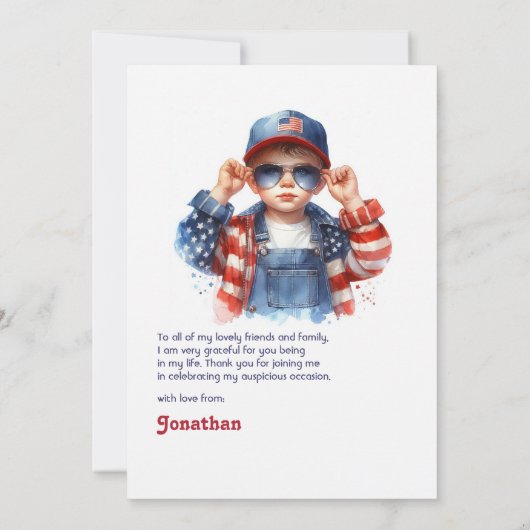 スター&誕生日ストライプ愛国少年ありがとう サンキューカード (裏面)