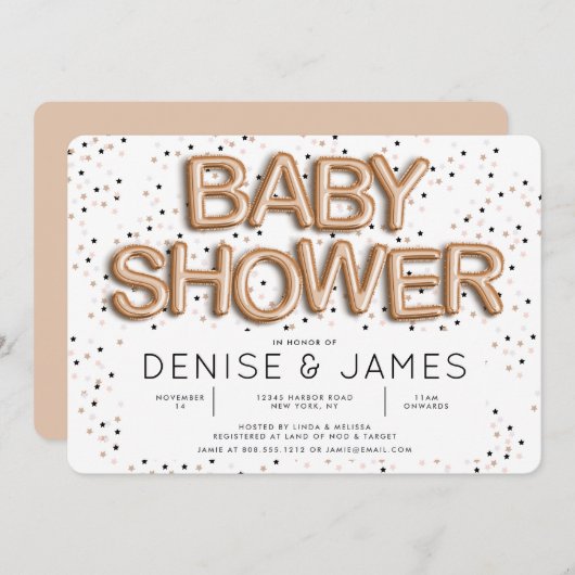 スターnバラ金箔バルーンタイプ赤ちゃんシャワー 招待状 (正面/裏面)