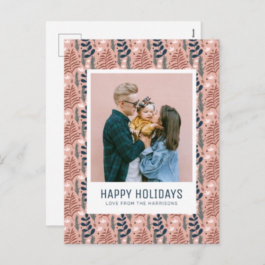 スチお洒落ンチピンクの葉のパターン家族の写真 シーズンポストカード (正面/裏面)