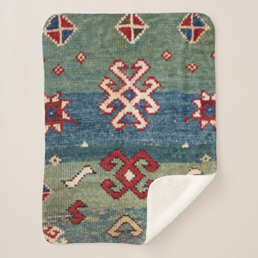 スチカラフルールブルー淡緑市松模様に  シェルパブランケット (正面)