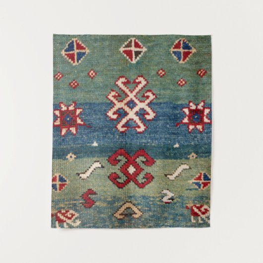 スチカラフルールブルー淡緑市松模様に  タペストリー (正面)