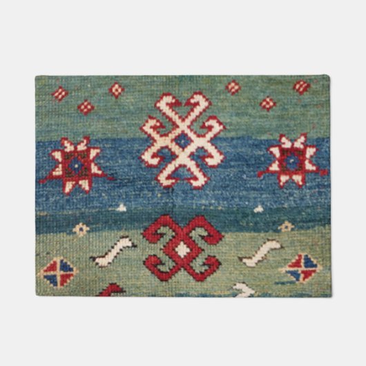 スチカラフルールブルー淡緑市松模様に  ドアマット (正面)