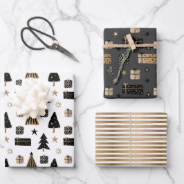 スチモダンカンジナビアのクリスマスパターン金ゴールドブラック ラッピングペーパーシート