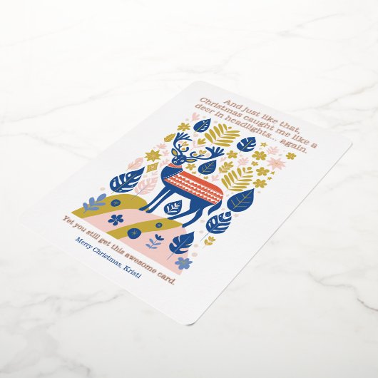 スチモダンカンジナビアのトナカイのクリスマスバラ金ゴールド 箔シーズンカード (回転した状態)