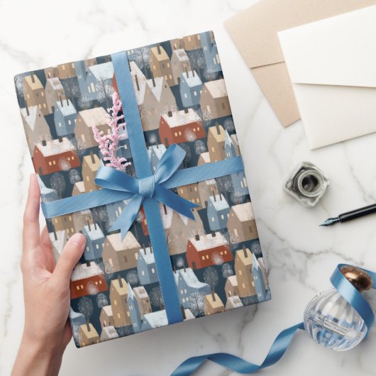 スチモダンンディウィンタータウンハウスパターンブルーレッド ラッピングペーパー (ギフト)