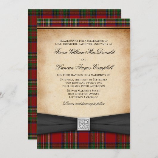 スチュアート王室のタータンチェック結婚式招待状 招待状 (正面/裏面)