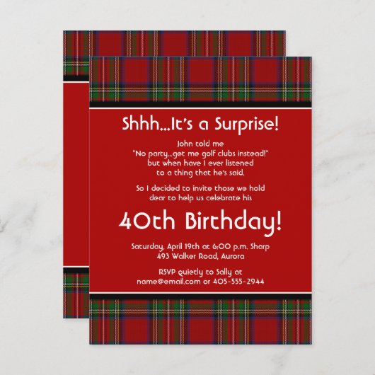 スチュアート王室のタータンチェック40th誕生日パーティの招待状 招待状 (正面/裏面)