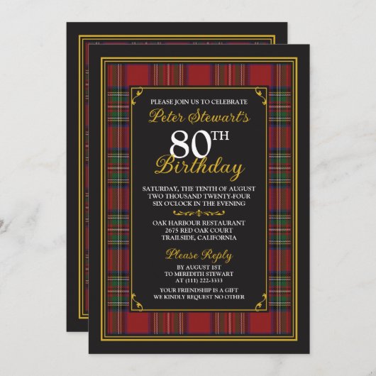 スチュア王室のト王室の・スチュワートタータンチェック80誕生日 招待状 (正面/裏面)
