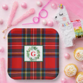 スチュワートクリスマスプレイドモノグラムハンド絵を描リースSQ ペーパープレート (パーティー)