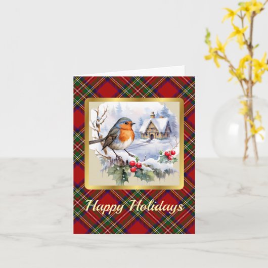 スチュワートクレスト&タータンチェック(ロビン付パーソナライズされたクリスマス) カード (黄色い花)