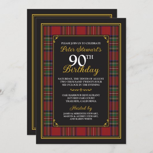 スチュワート王室のタータンチェック90th誕生日招待状 招待状 (正面/裏面)