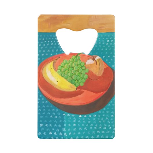 スチルライフ – フルーツ上のプレートボトルオープナー クレジットカード栓抜き (正面)