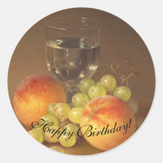 スチルライフ、ワイングラス、2つの桃、フルーツとワイン ラウンドシール (正面)