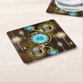 スチームパンクさびた背景(ターコイズレンズ付) スクエアペーパーコースター (アングル)